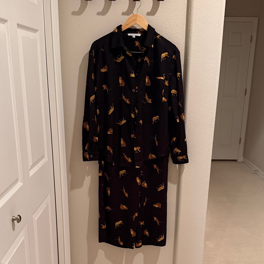 Black Animal Print Long Shirt and Pants Set